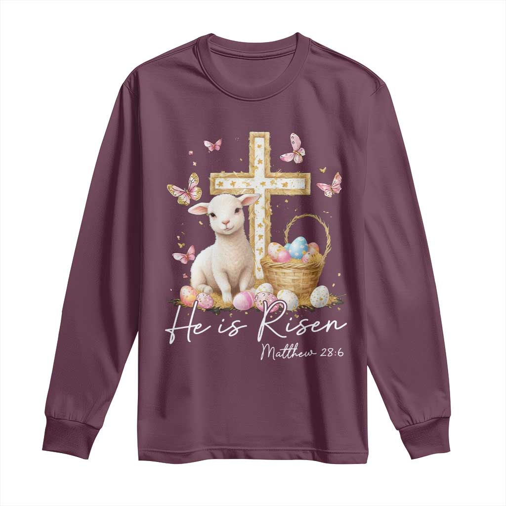 He Is Risen Easter Long Sleeve Shirt Lamb Flowers Cross