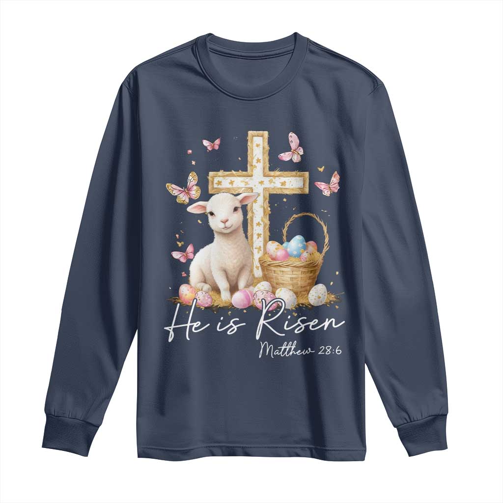He Is Risen Easter Long Sleeve Shirt Lamb Flowers Cross