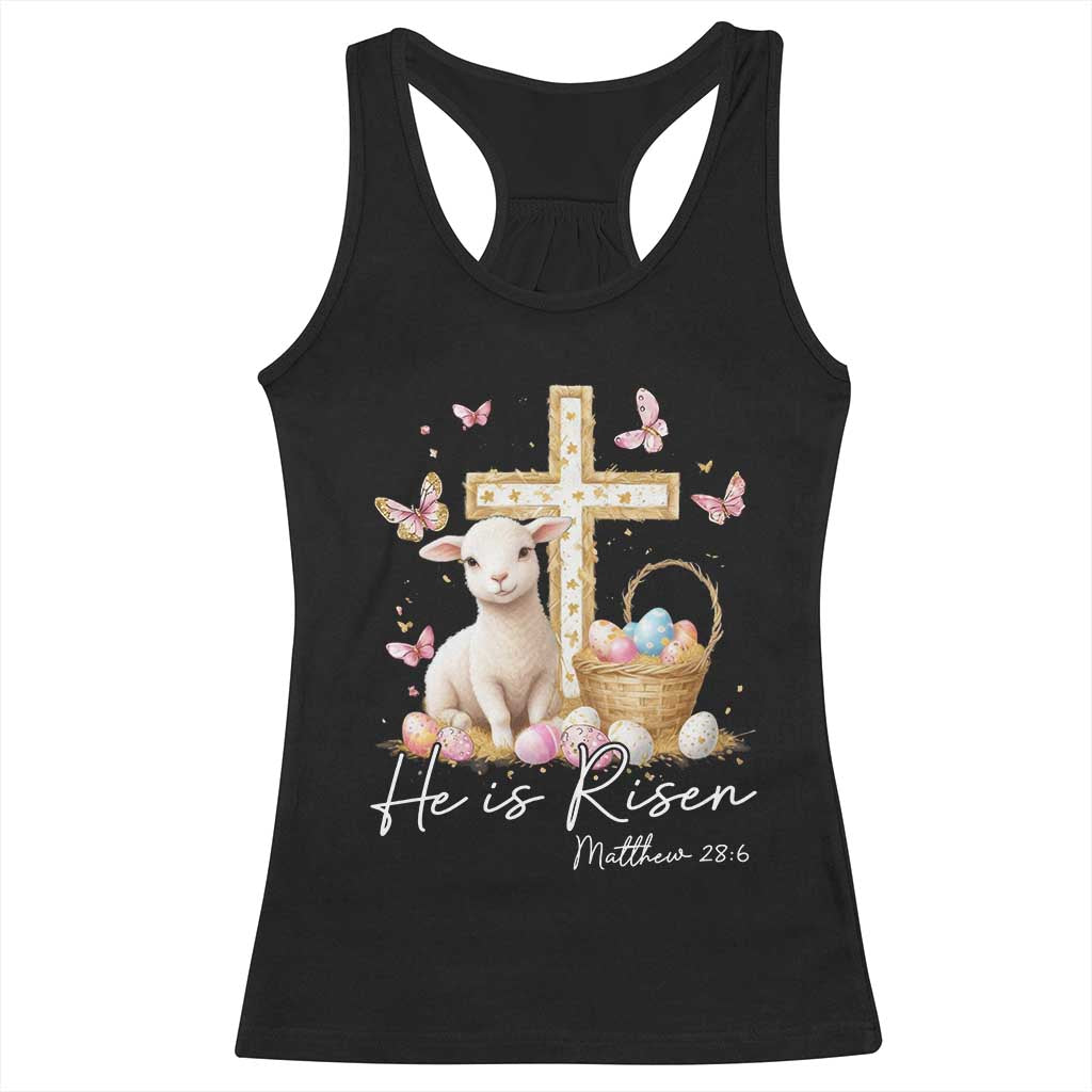 He Is Risen Easter Racerback Tank Top Lamb Flowers Cross