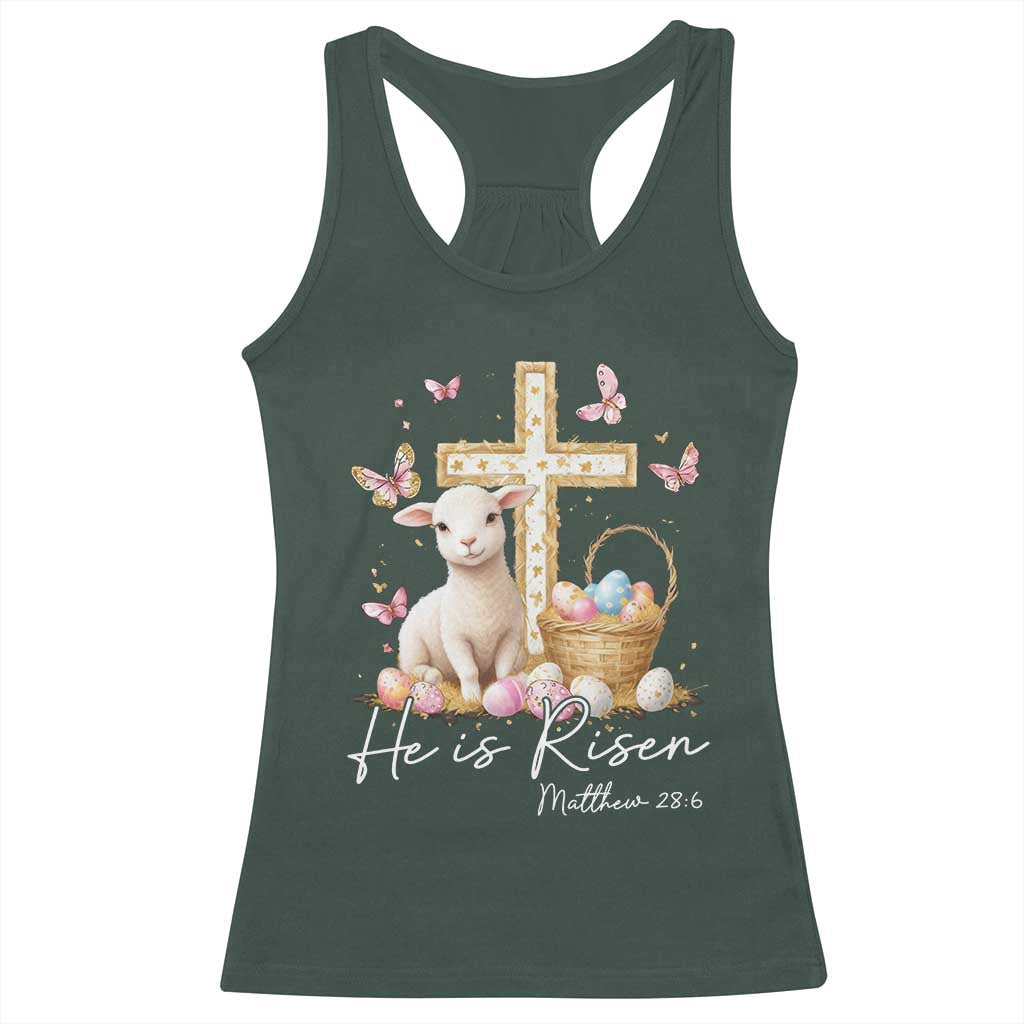 He Is Risen Easter Racerback Tank Top Lamb Flowers Cross