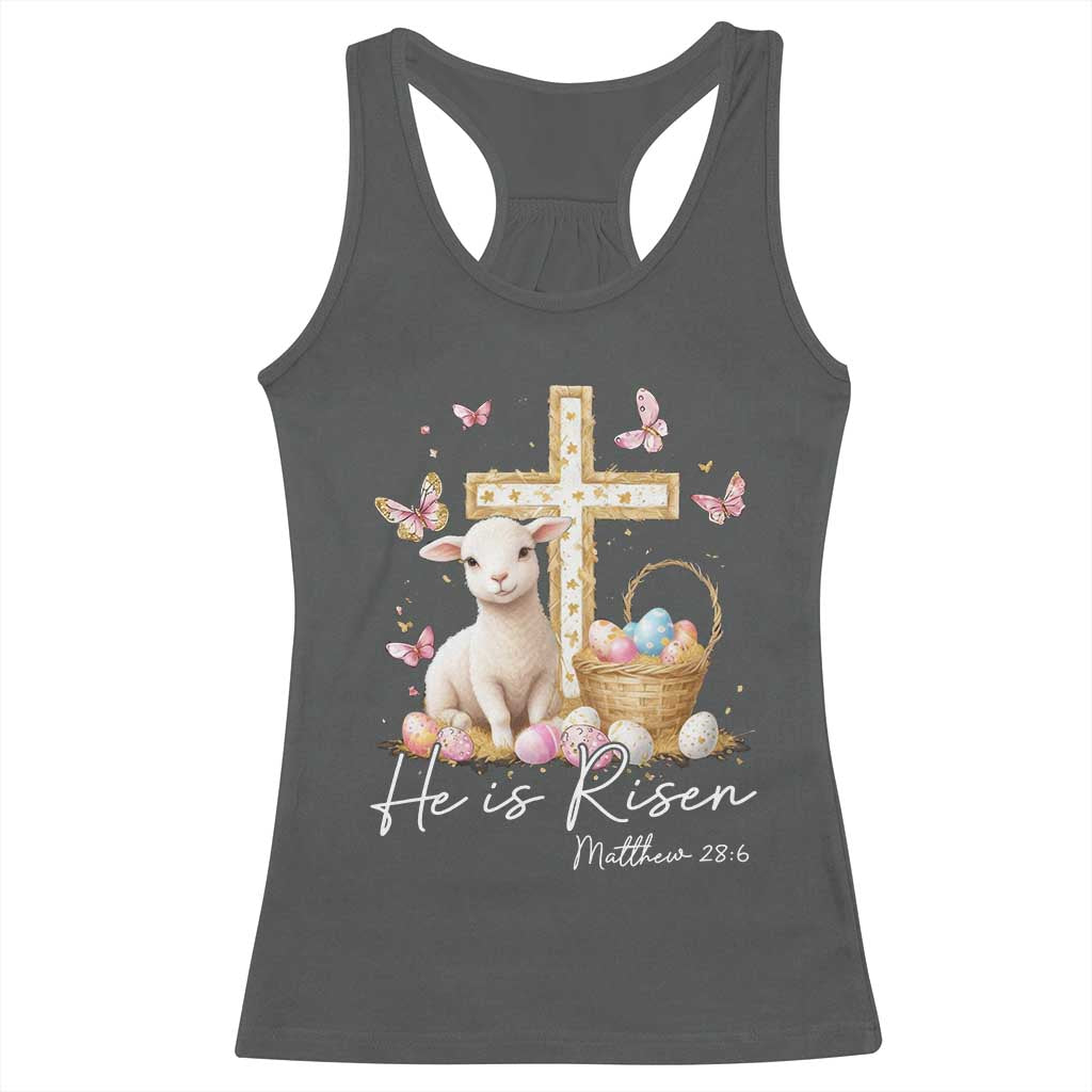 He Is Risen Easter Racerback Tank Top Lamb Flowers Cross