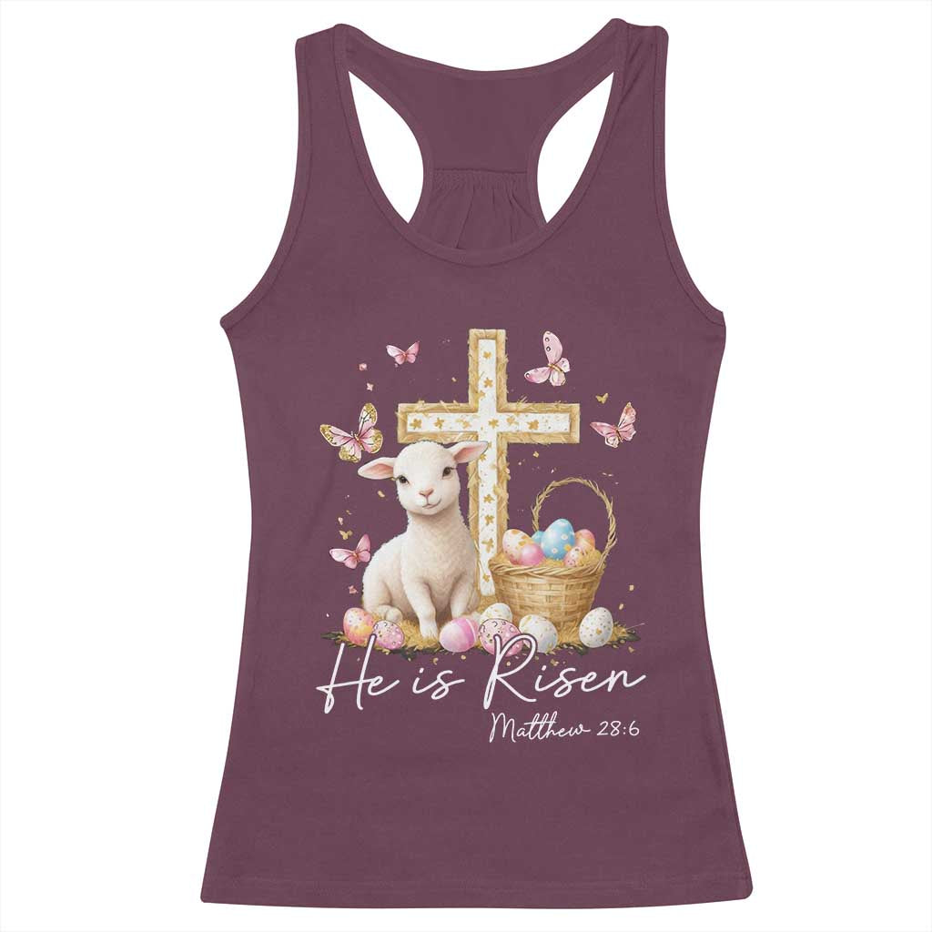 He Is Risen Easter Racerback Tank Top Lamb Flowers Cross