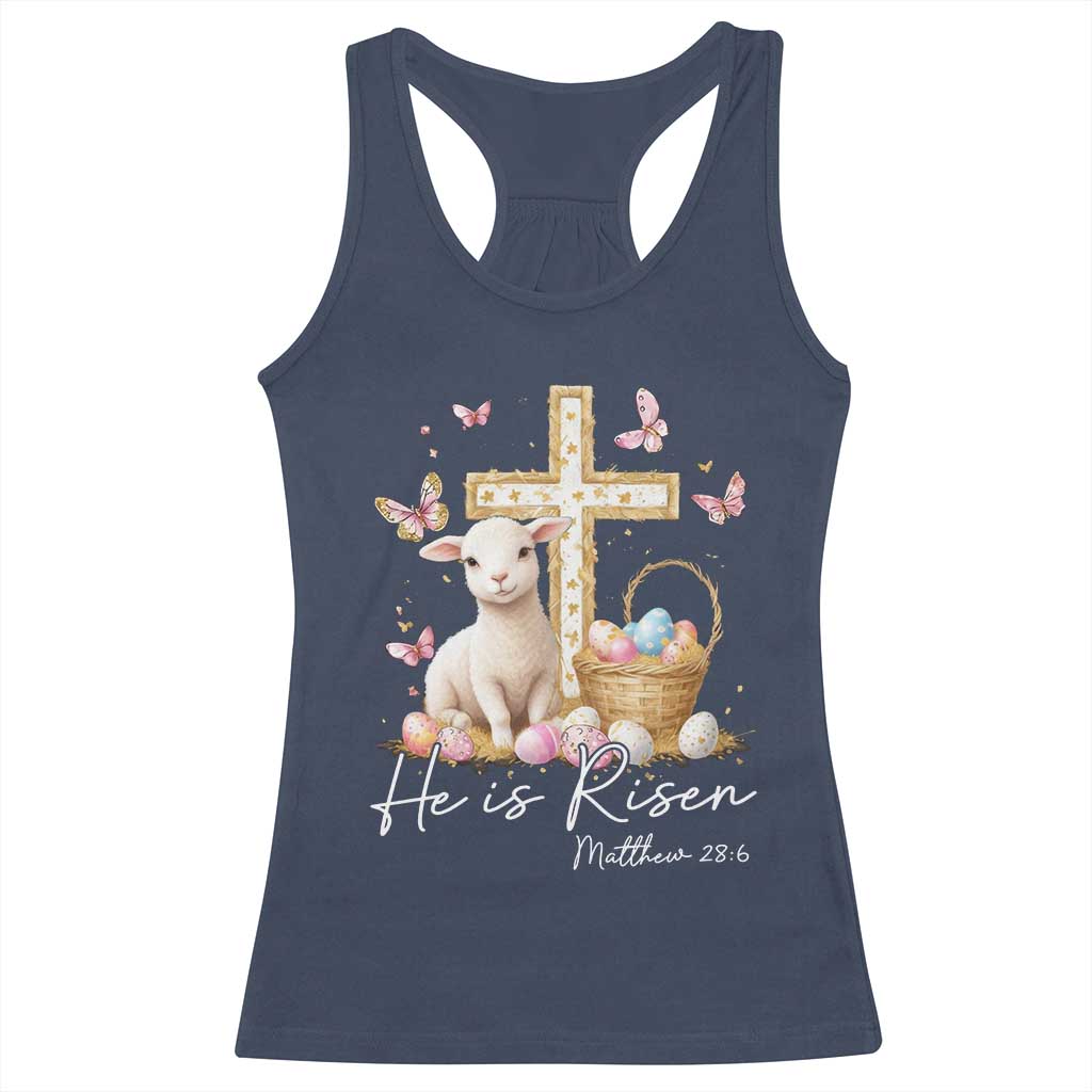 He Is Risen Easter Racerback Tank Top Lamb Flowers Cross