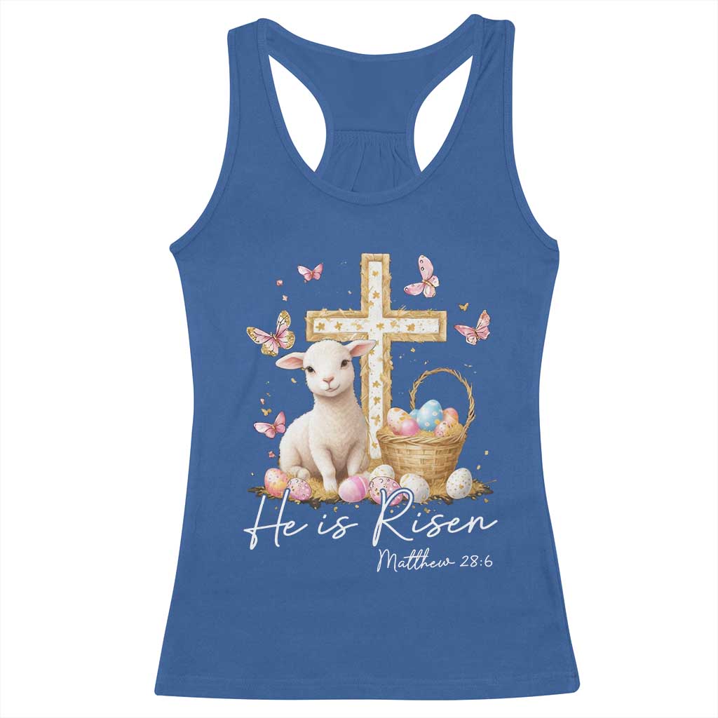 He Is Risen Easter Racerback Tank Top Lamb Flowers Cross