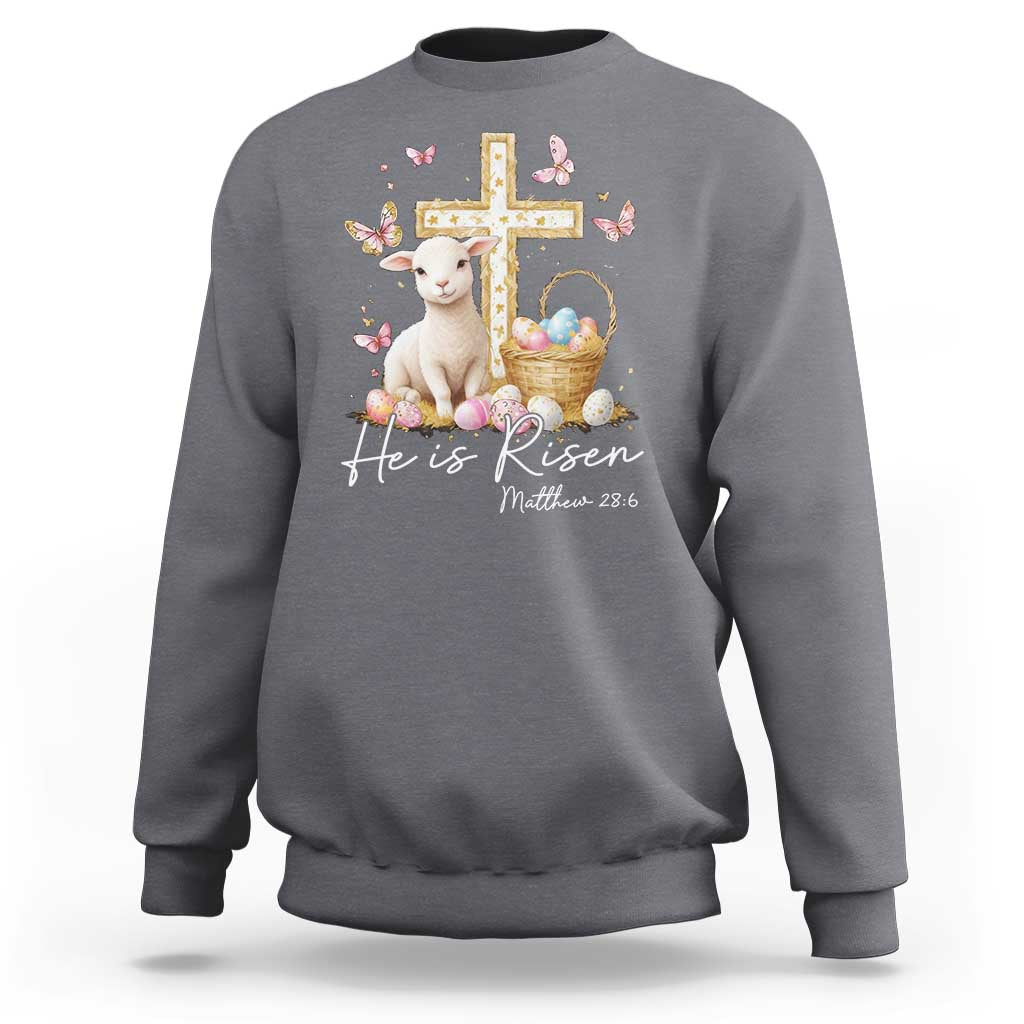 He Is Risen Easter Sweatshirt Lamb Flowers Cross