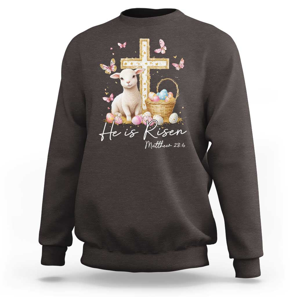 He Is Risen Easter Sweatshirt Lamb Flowers Cross