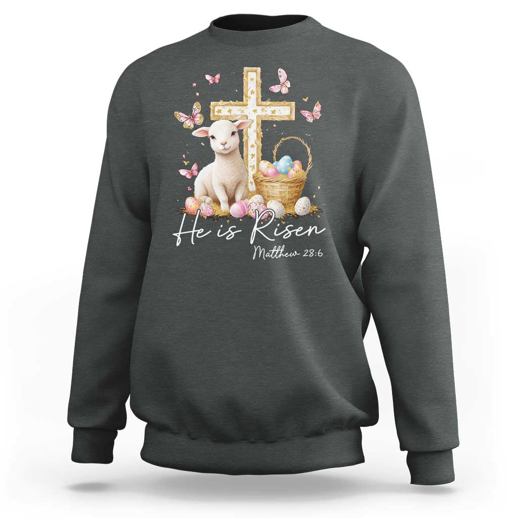 He Is Risen Easter Sweatshirt Lamb Flowers Cross