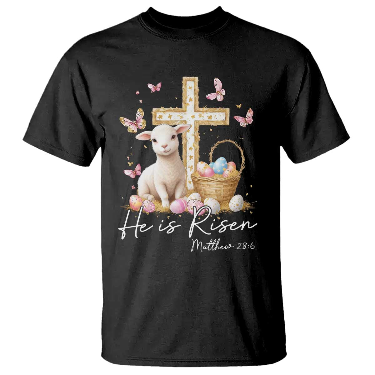 He Is Risen Easter T Shirt Lamb Flowers Cross
