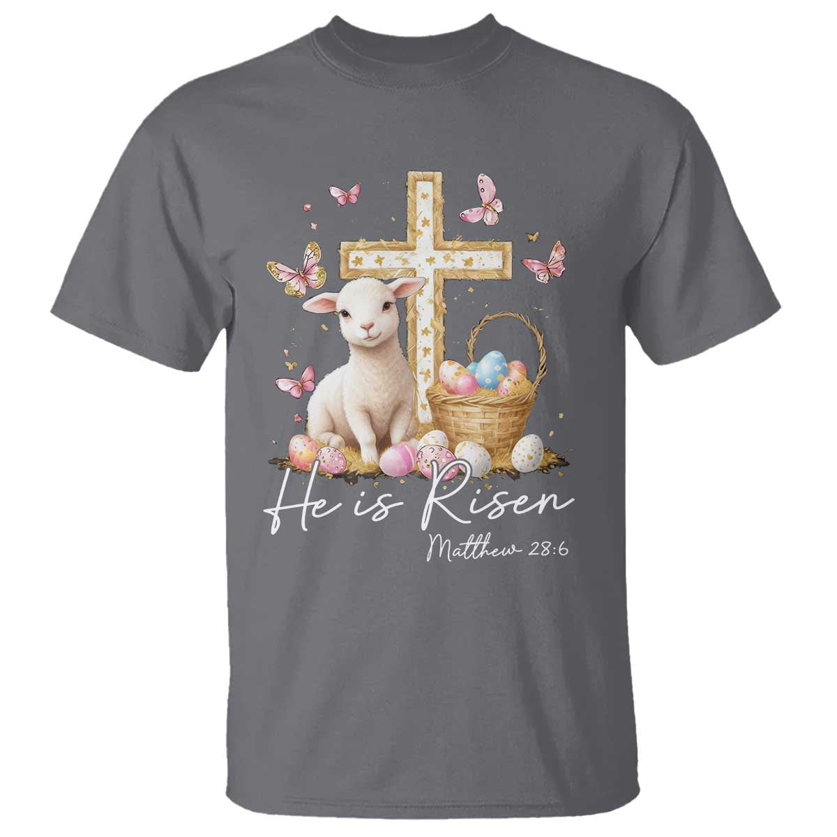 He Is Risen Easter T Shirt Lamb Flowers Cross