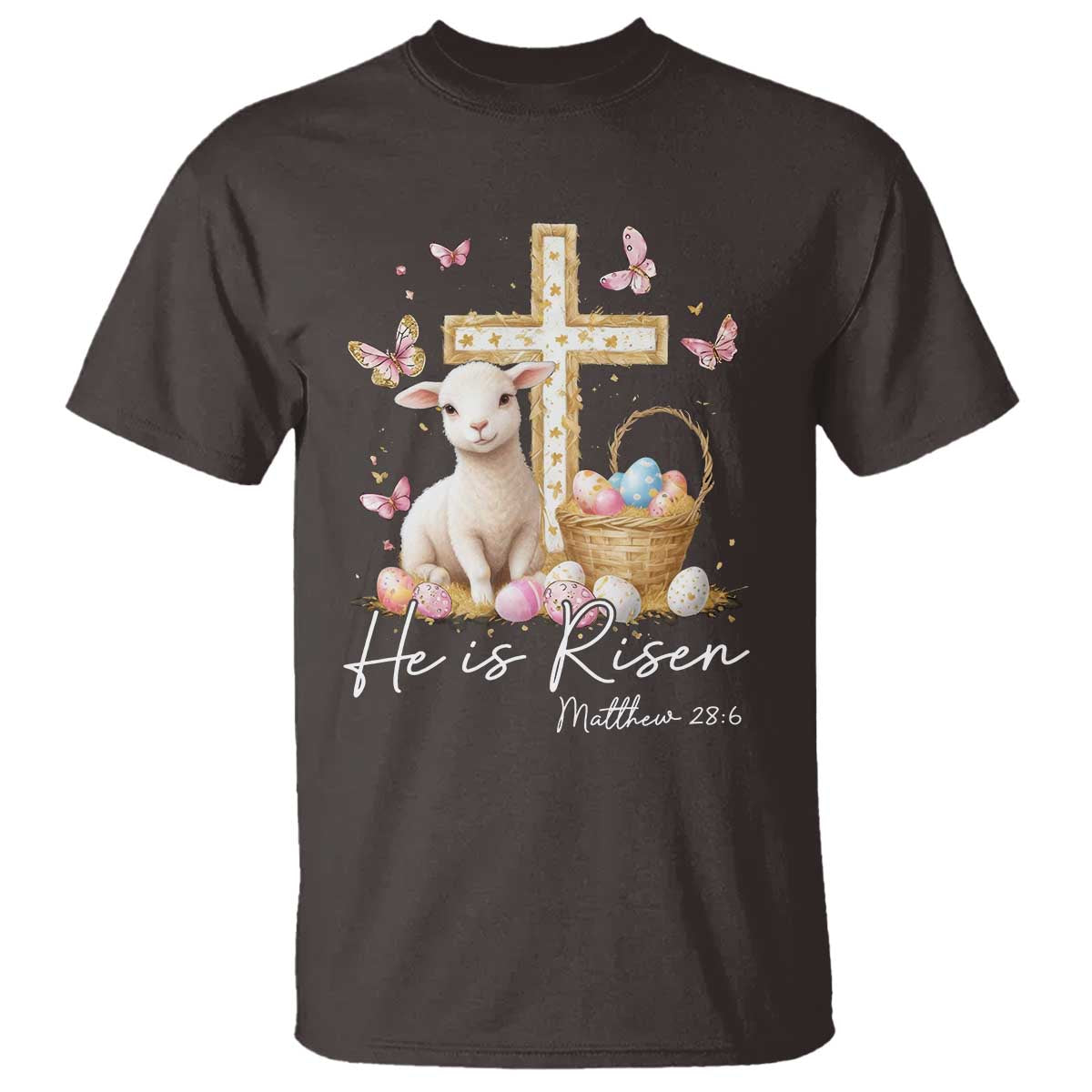 He Is Risen Easter T Shirt Lamb Flowers Cross