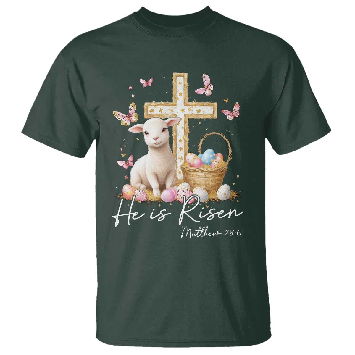 He Is Risen Easter T Shirt Lamb Flowers Cross
