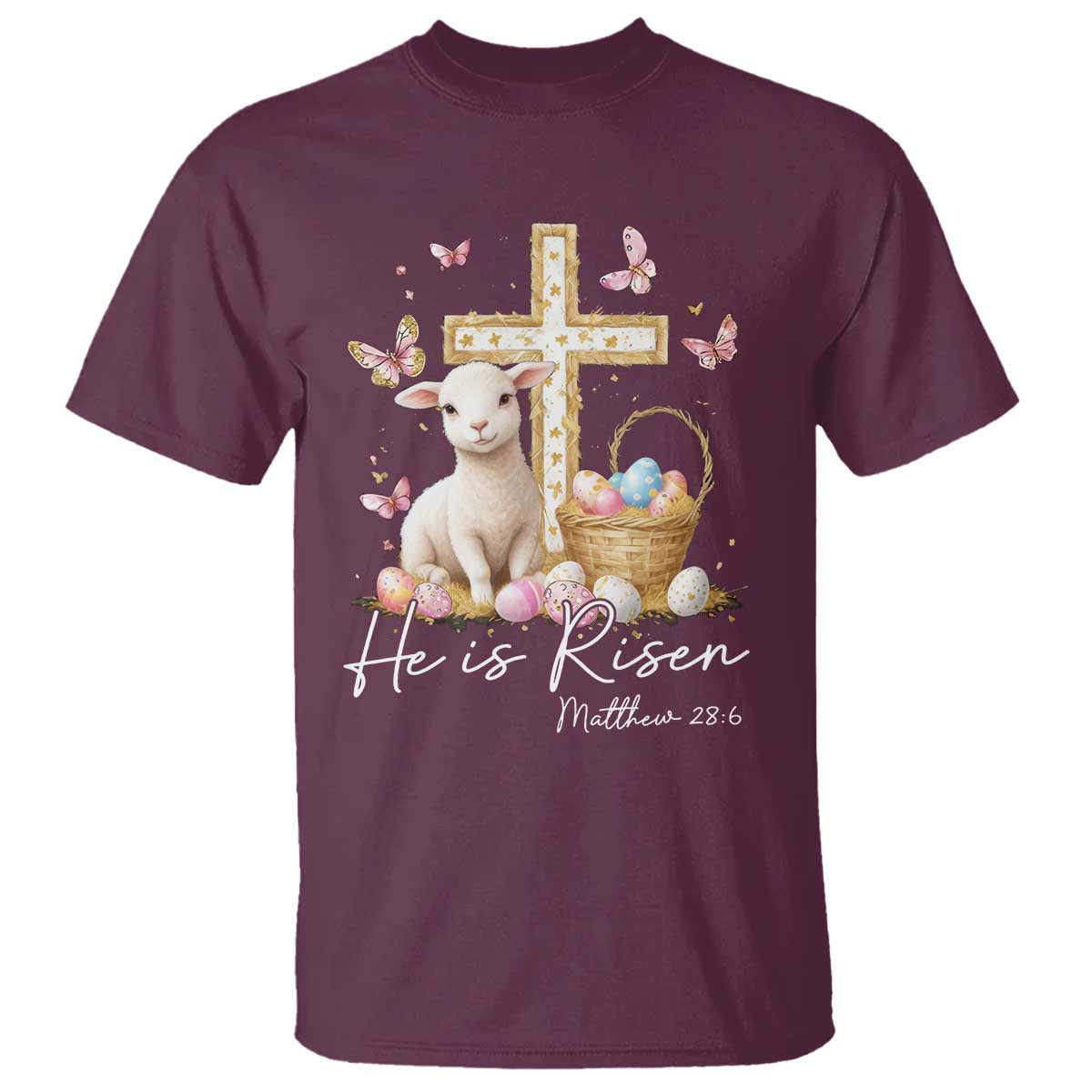 He Is Risen Easter T Shirt Lamb Flowers Cross