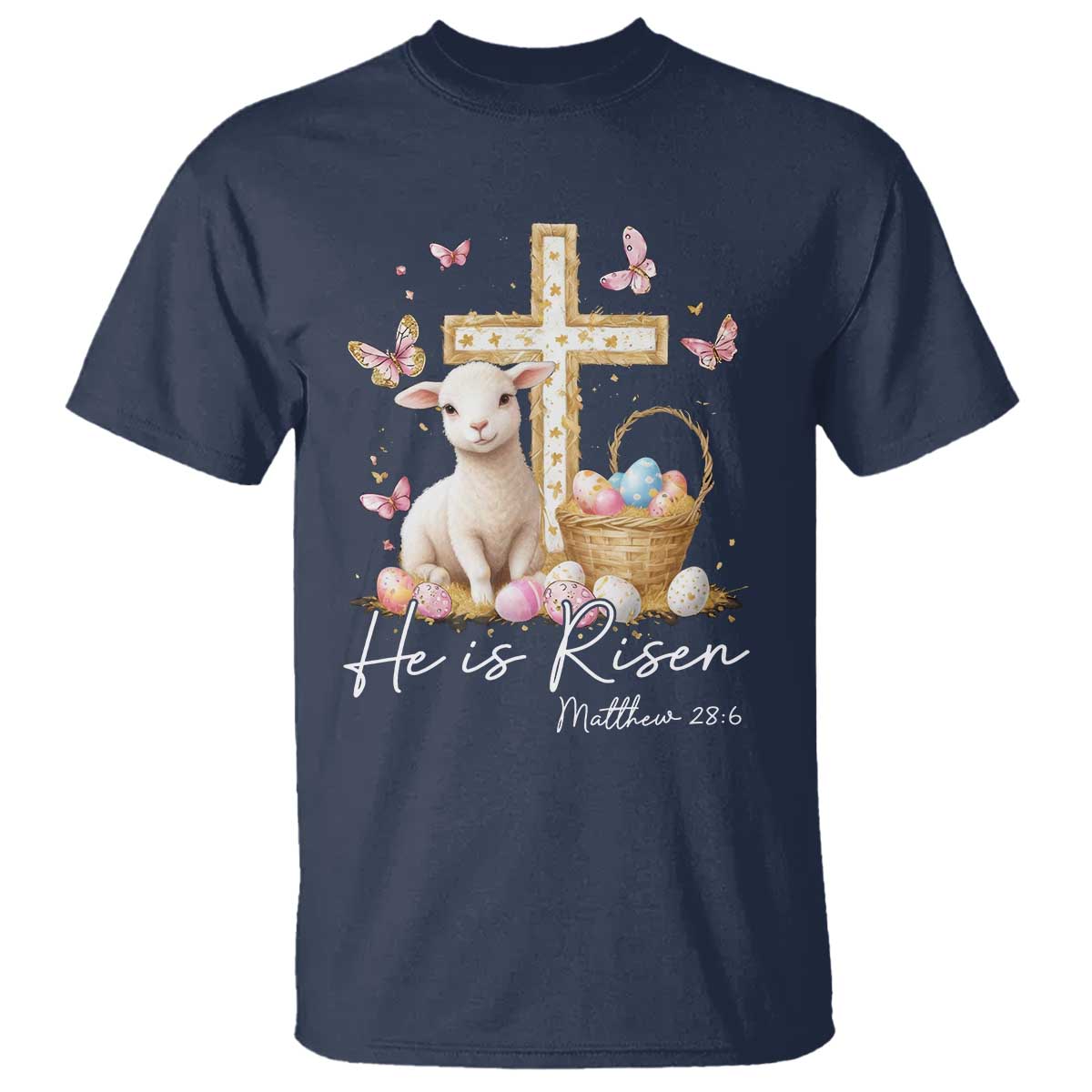 He Is Risen Easter T Shirt Lamb Flowers Cross