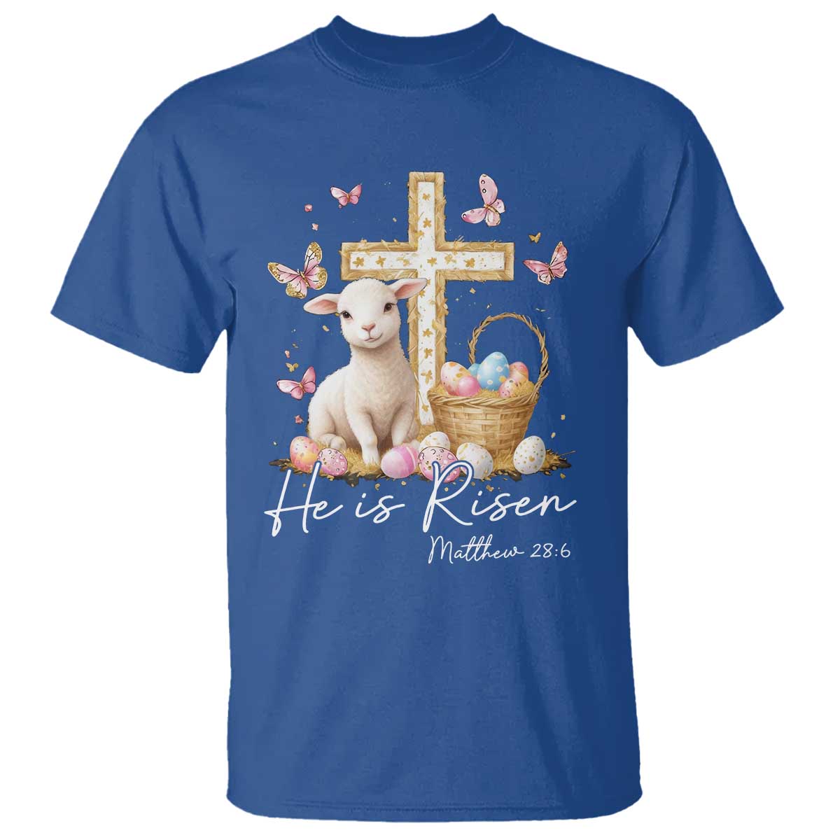 He Is Risen Easter T Shirt Lamb Flowers Cross