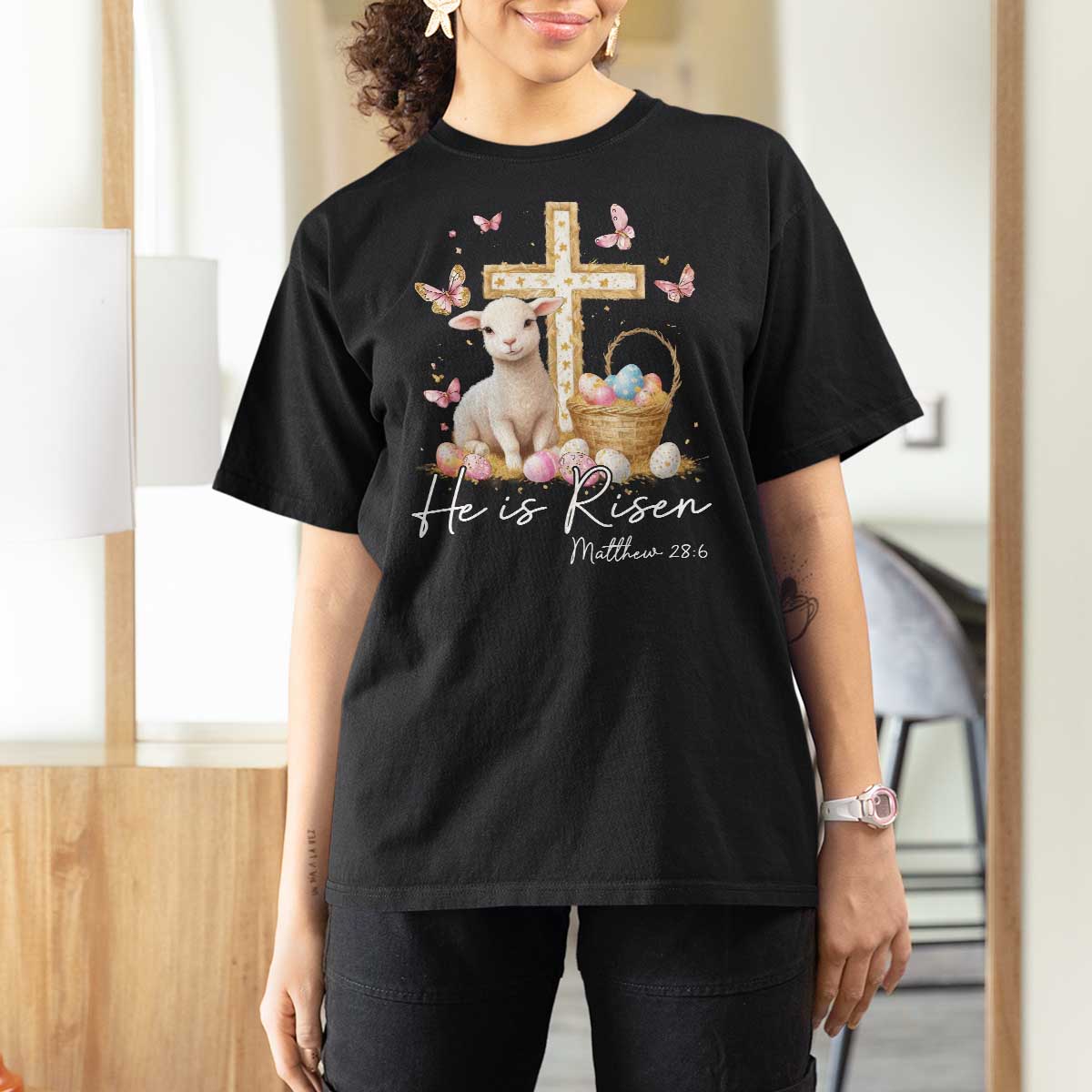 He Is Risen Easter T Shirt For Women Lamb Flowers Cross