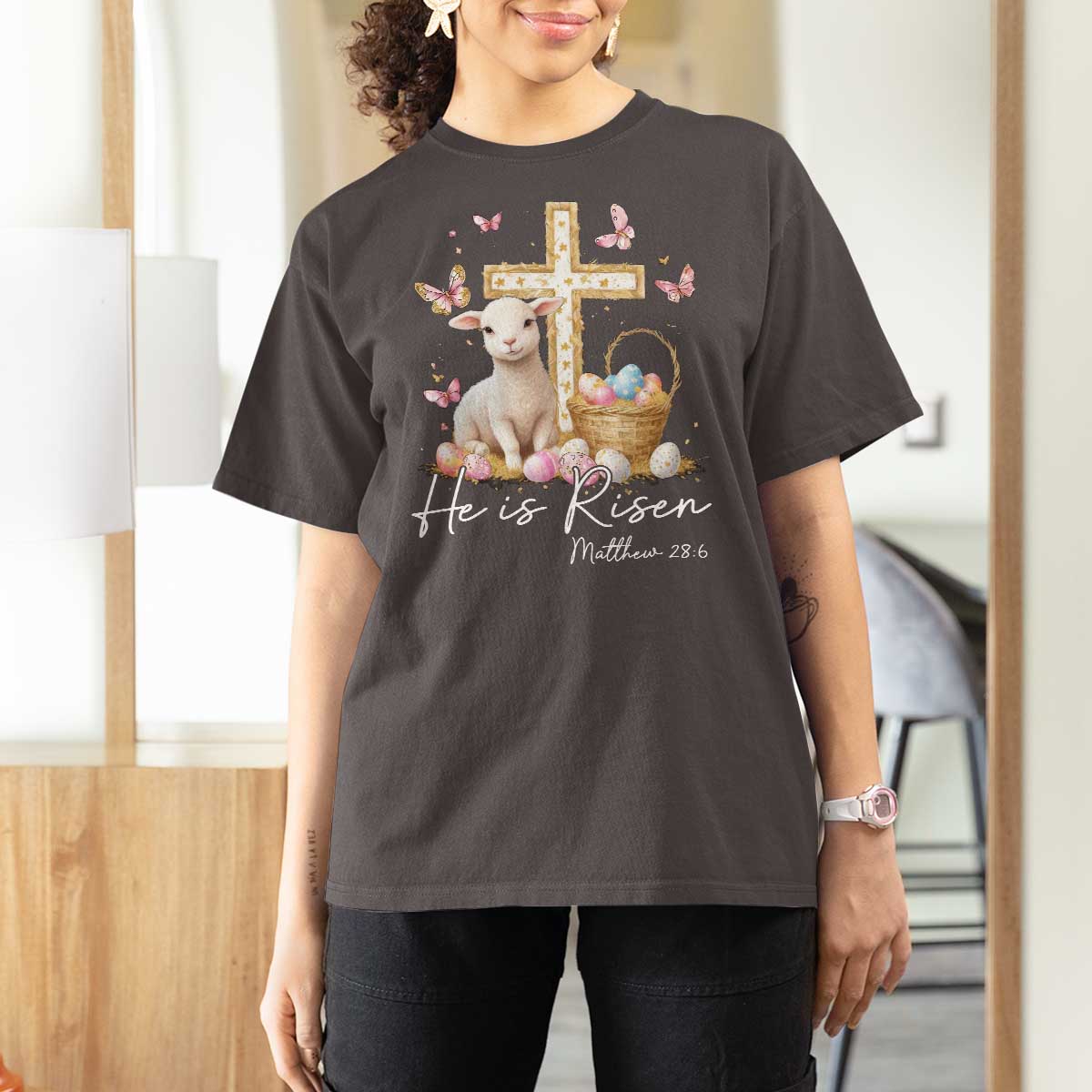 He Is Risen Easter T Shirt For Women Lamb Flowers Cross