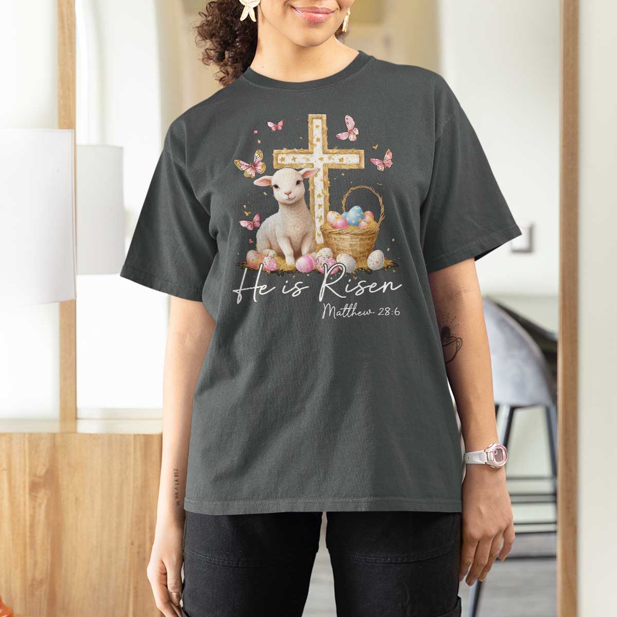 He Is Risen Easter T Shirt For Women Lamb Flowers Cross