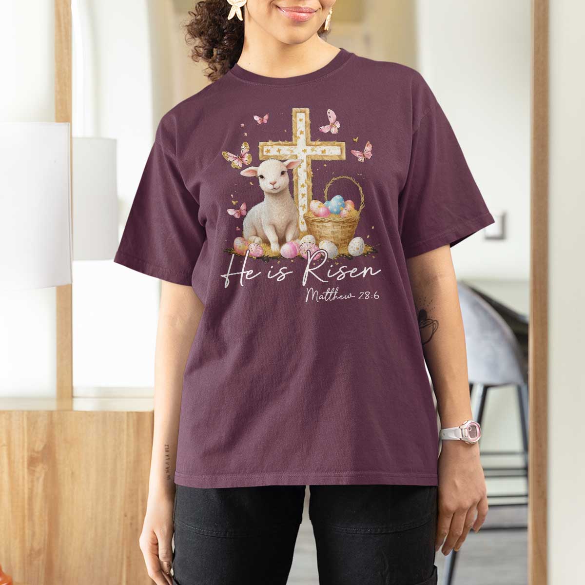 He Is Risen Easter T Shirt For Women Lamb Flowers Cross