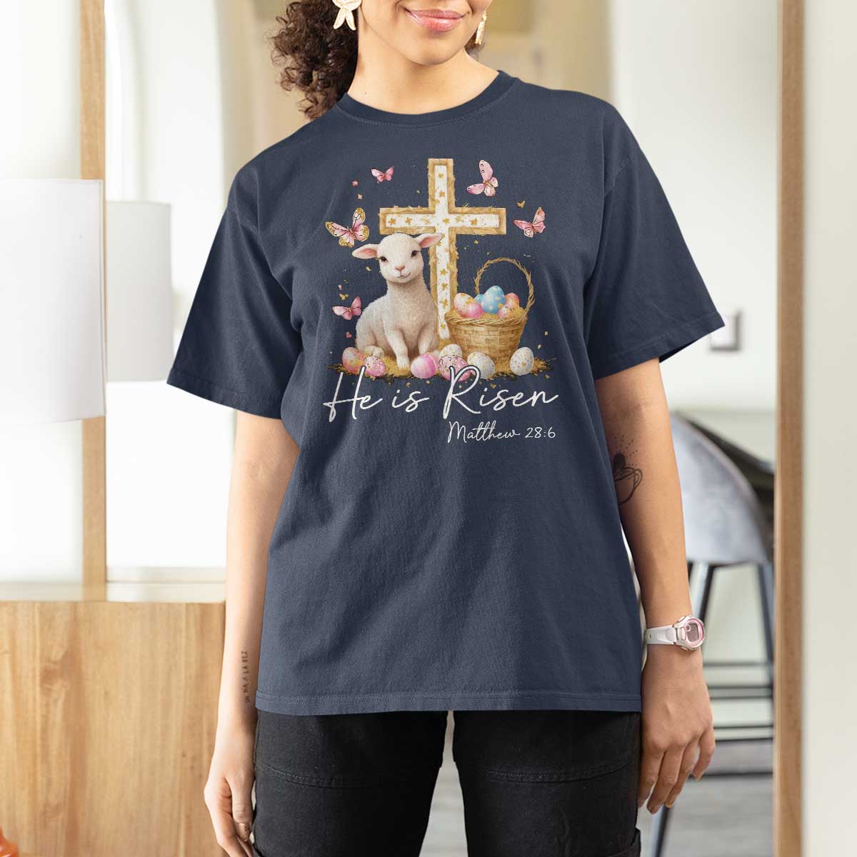 He Is Risen Easter T Shirt For Women Lamb Flowers Cross