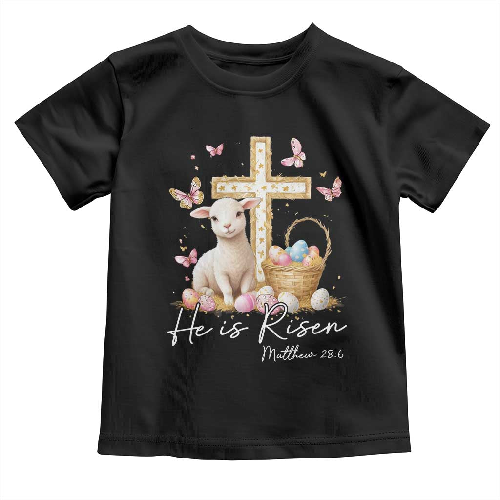 He Is Risen Easter Toddler T Shirt Lamb Flowers Cross