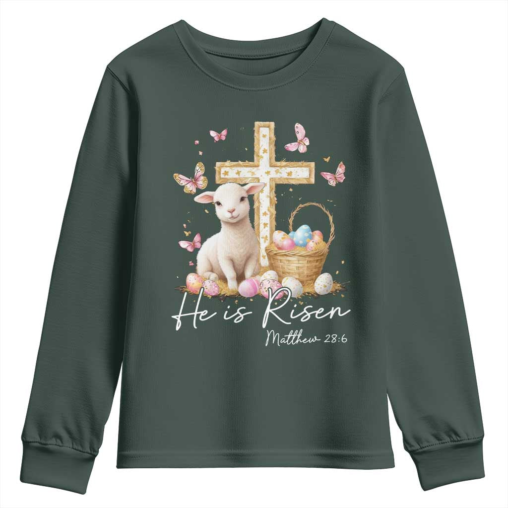 He Is Risen Easter Youth Sweatshirt Lamb Flowers Cross