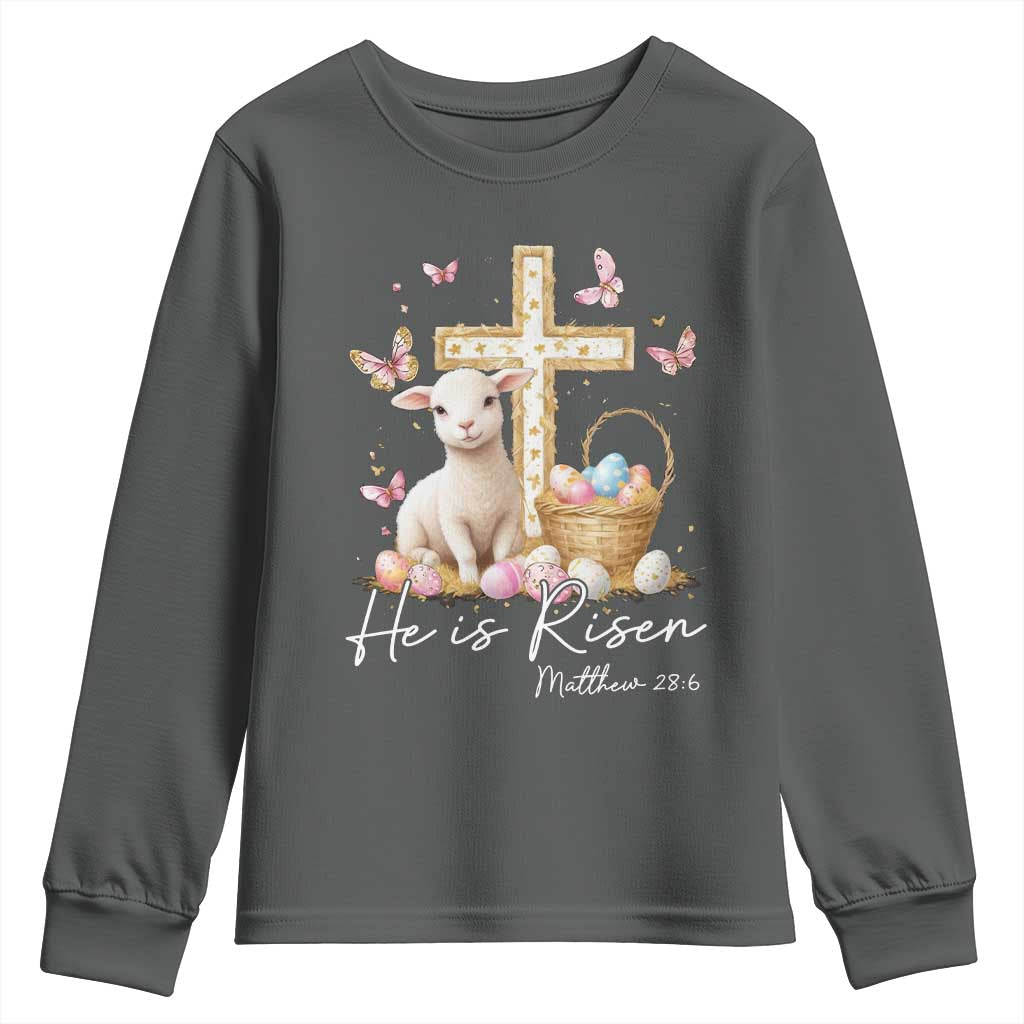 He Is Risen Easter Youth Sweatshirt Lamb Flowers Cross