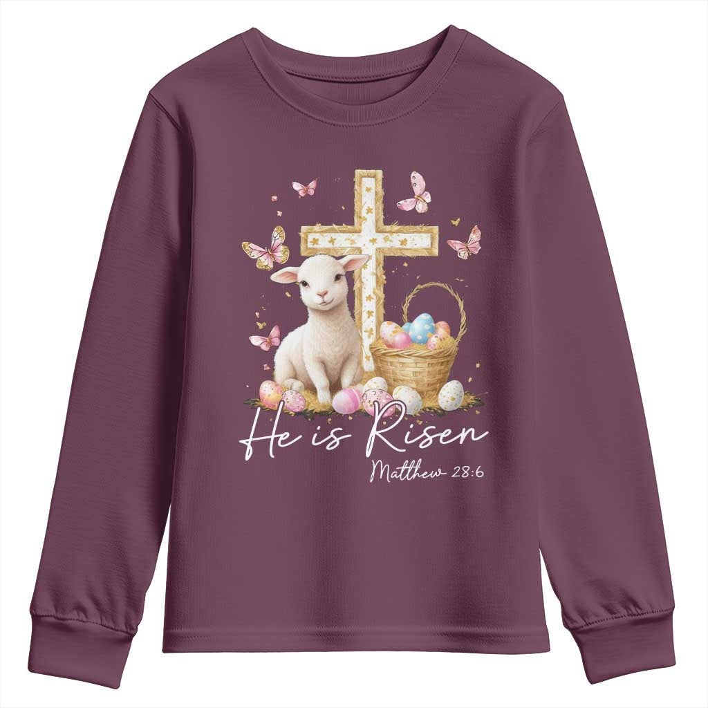 He Is Risen Easter Youth Sweatshirt Lamb Flowers Cross