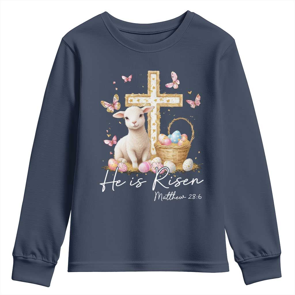 He Is Risen Easter Youth Sweatshirt Lamb Flowers Cross