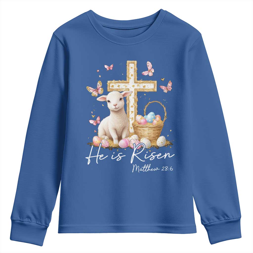 He Is Risen Easter Youth Sweatshirt Lamb Flowers Cross