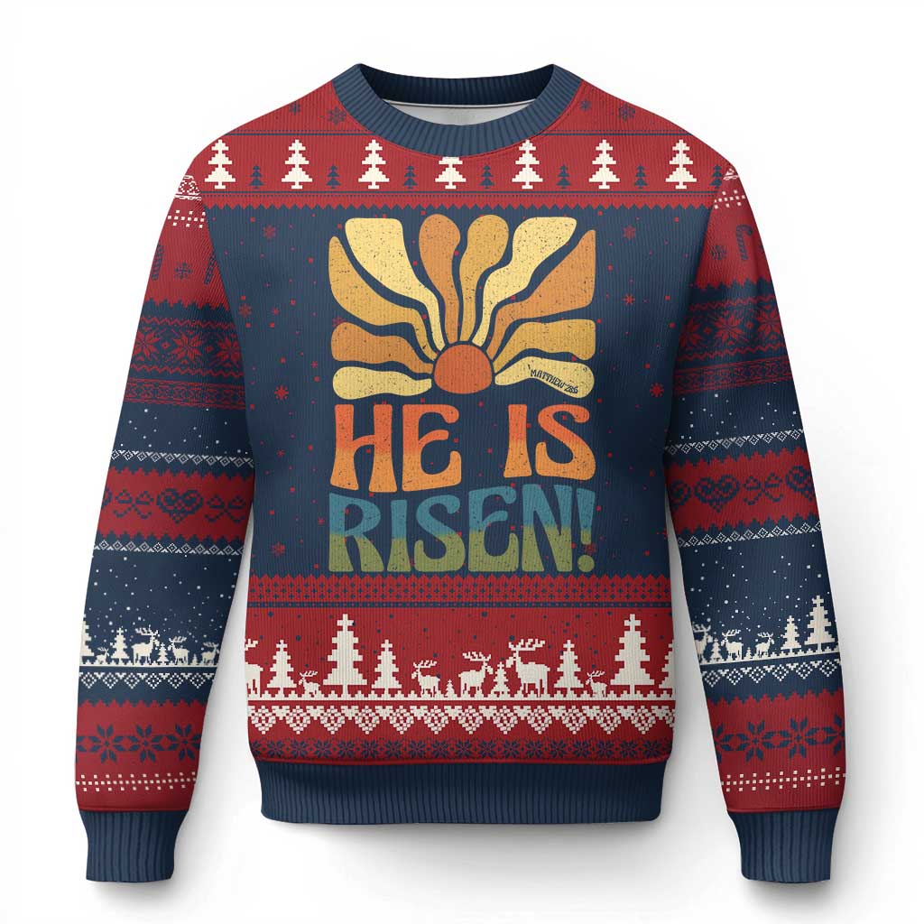 Retro Easter Ugly Christmas Sweater Jesus He is Risen Matthew 28:6 Bible Verse Kids - Wonder Print Shop