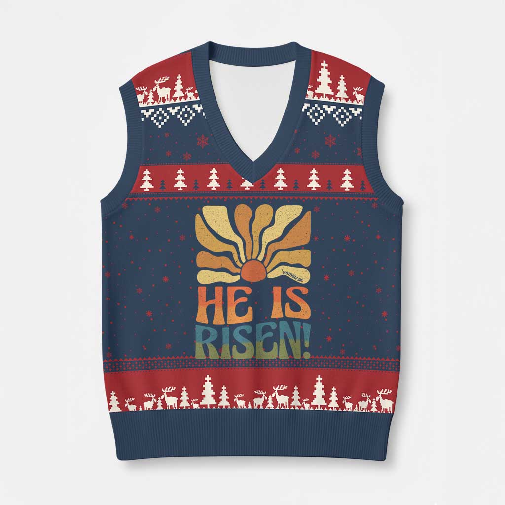 Retro Easter V-Neck Knit Sweater Vest Jesus He is Risen Matthew 28:6 Bible Verse Kids - Wonder Print Shop