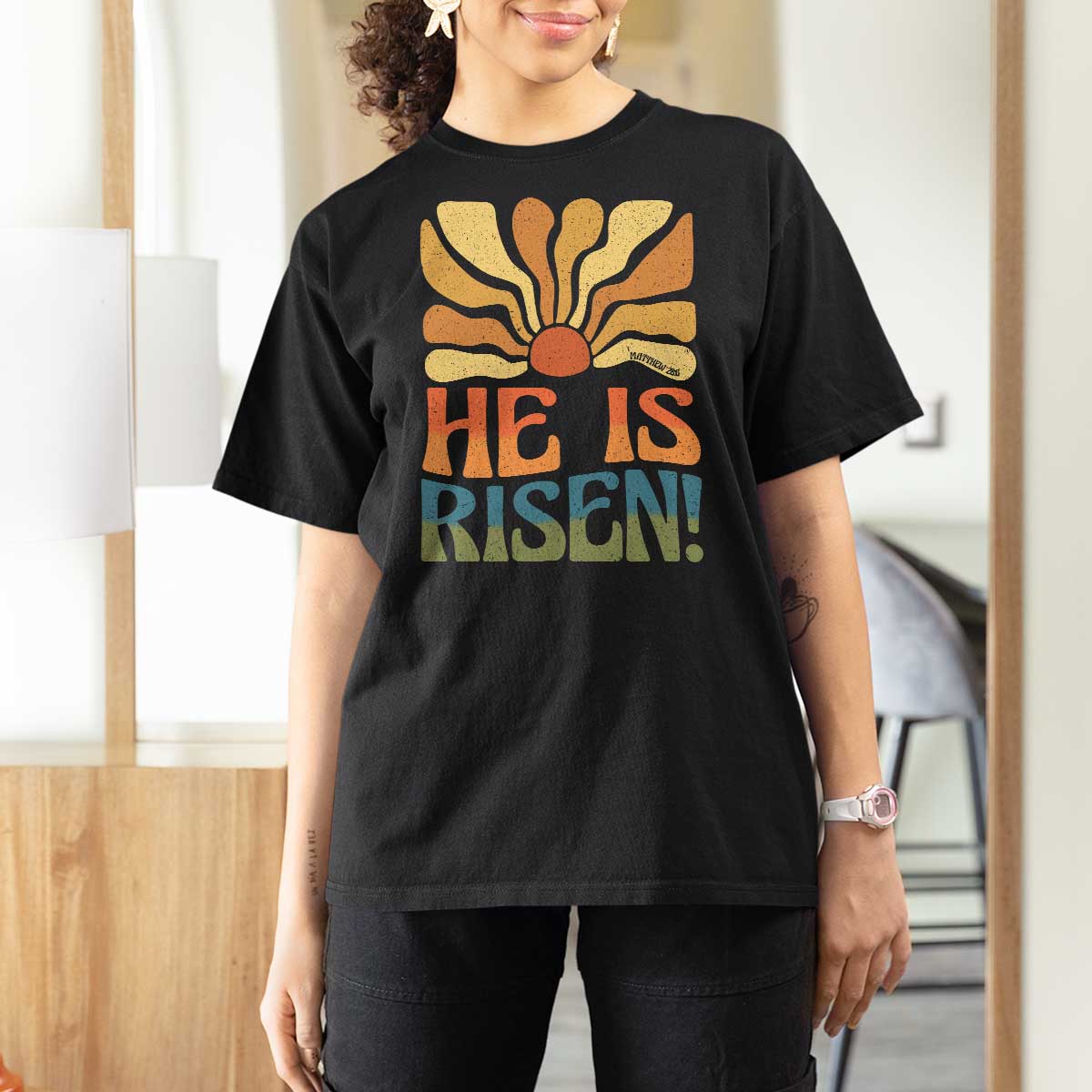 Retro Easter T Shirt For Women Jesus He is Risen Matthew 28:6 Bible Verse Kids - Wonder Print Shop