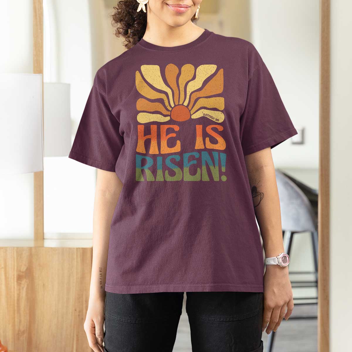 Retro Easter T Shirt For Women Jesus He is Risen Matthew 28:6 Bible Verse Kids - Wonder Print Shop