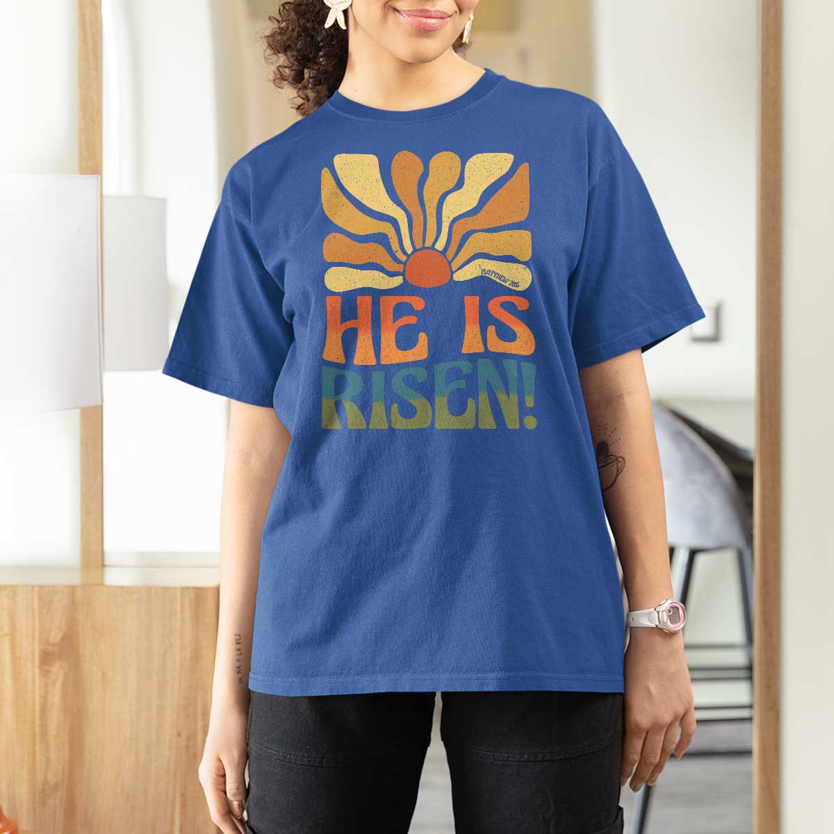 Retro Easter T Shirt For Women Jesus He is Risen Matthew 28:6 Bible Verse Kids - Wonder Print Shop