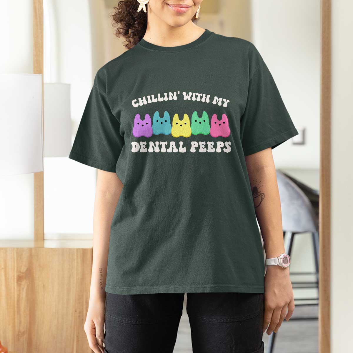 Easter Dental Bunny T Shirt For Women Chilling With My Dental Peeps - Wonder Print Shop