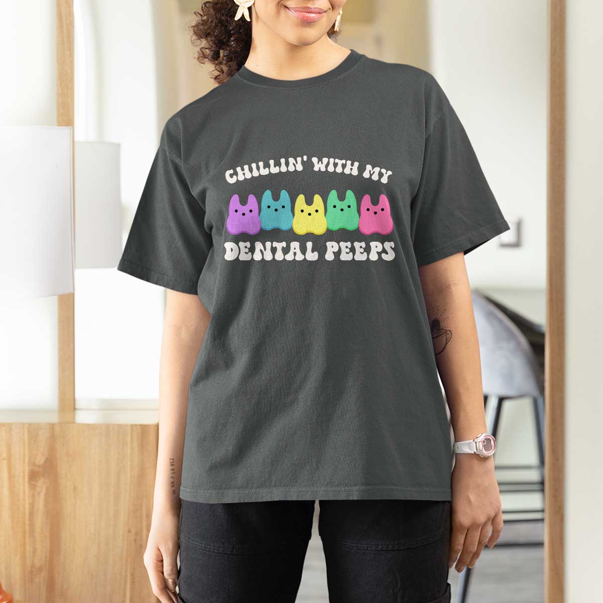 Easter Dental Bunny T Shirt For Women Chilling With My Dental Peeps - Wonder Print Shop