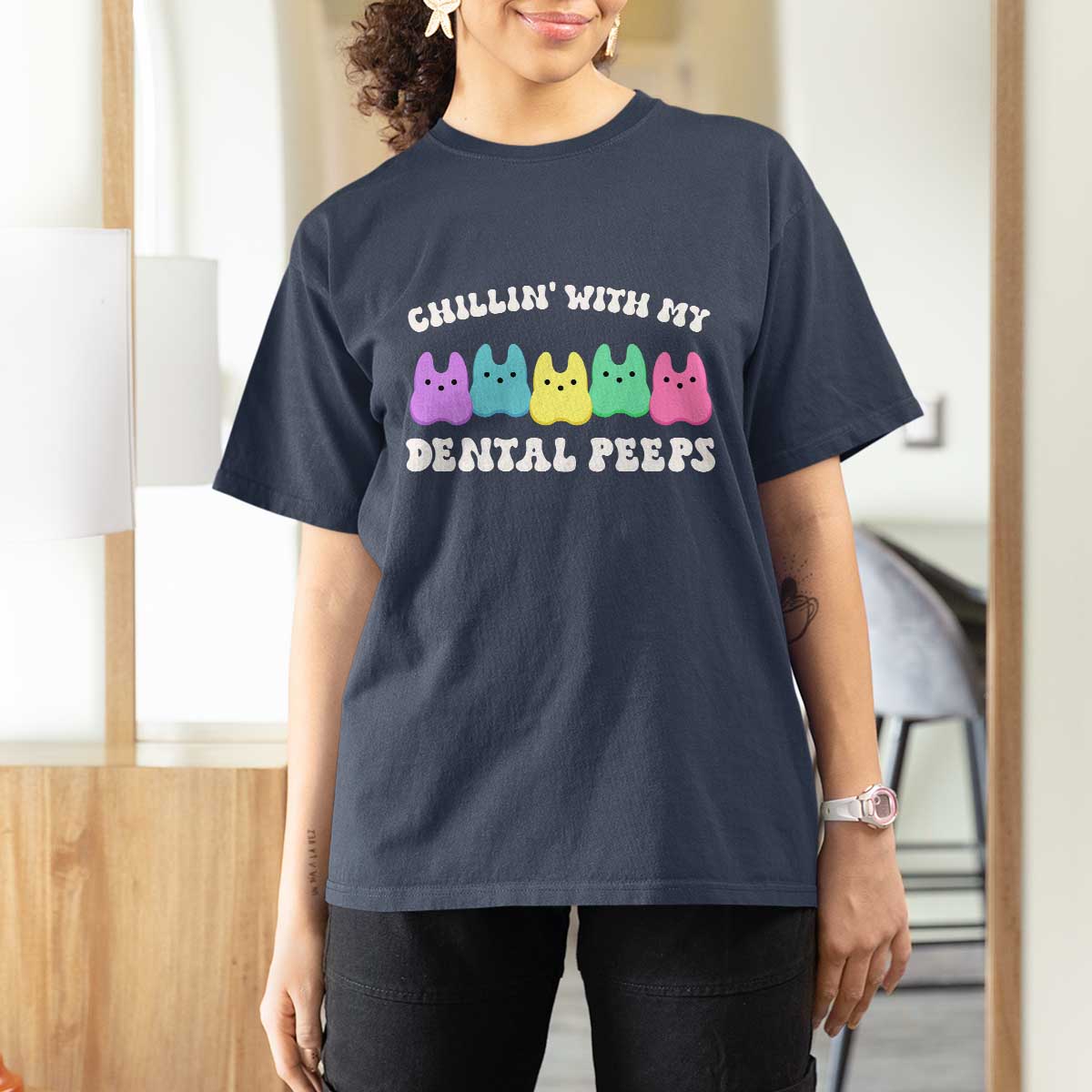 Easter Dental Bunny T Shirt For Women Chilling With My Dental Peeps - Wonder Print Shop