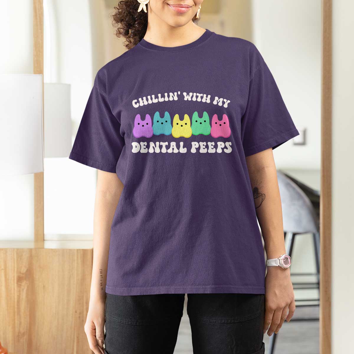 Easter Dental Bunny T Shirt For Women Chilling With My Dental Peeps - Wonder Print Shop