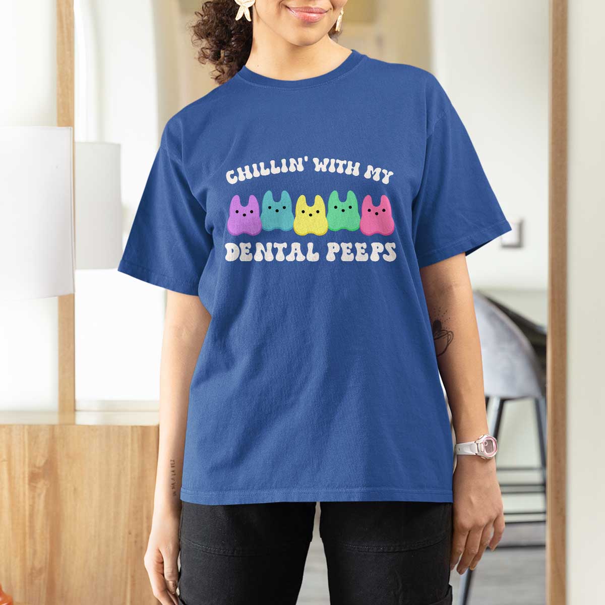 Easter Dental Bunny T Shirt For Women Chilling With My Dental Peeps - Wonder Print Shop