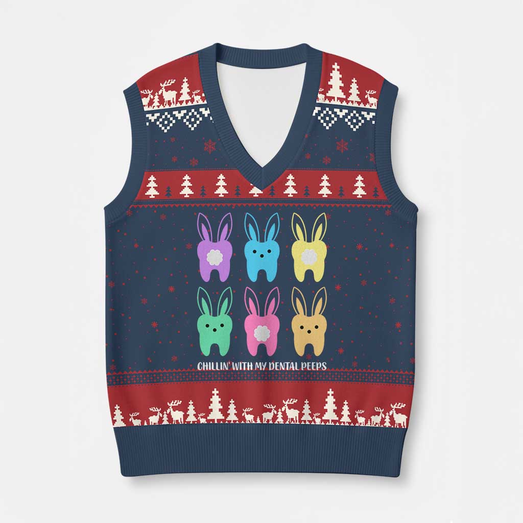 Easter Dentist V-Neck Knit Sweater Vest Chilling With My Dental Peeps Bunny - Wonder Print Shop