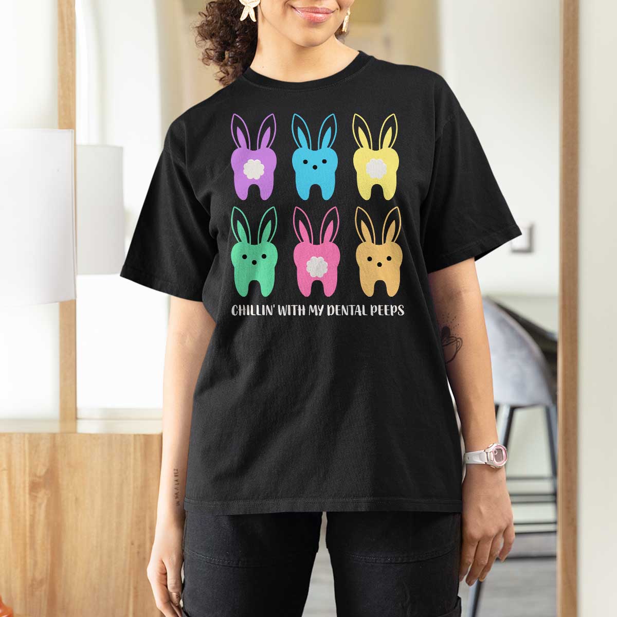 Easter Dentist T Shirt For Women Chilling With My Dental Peeps Bunny - Wonder Print Shop
