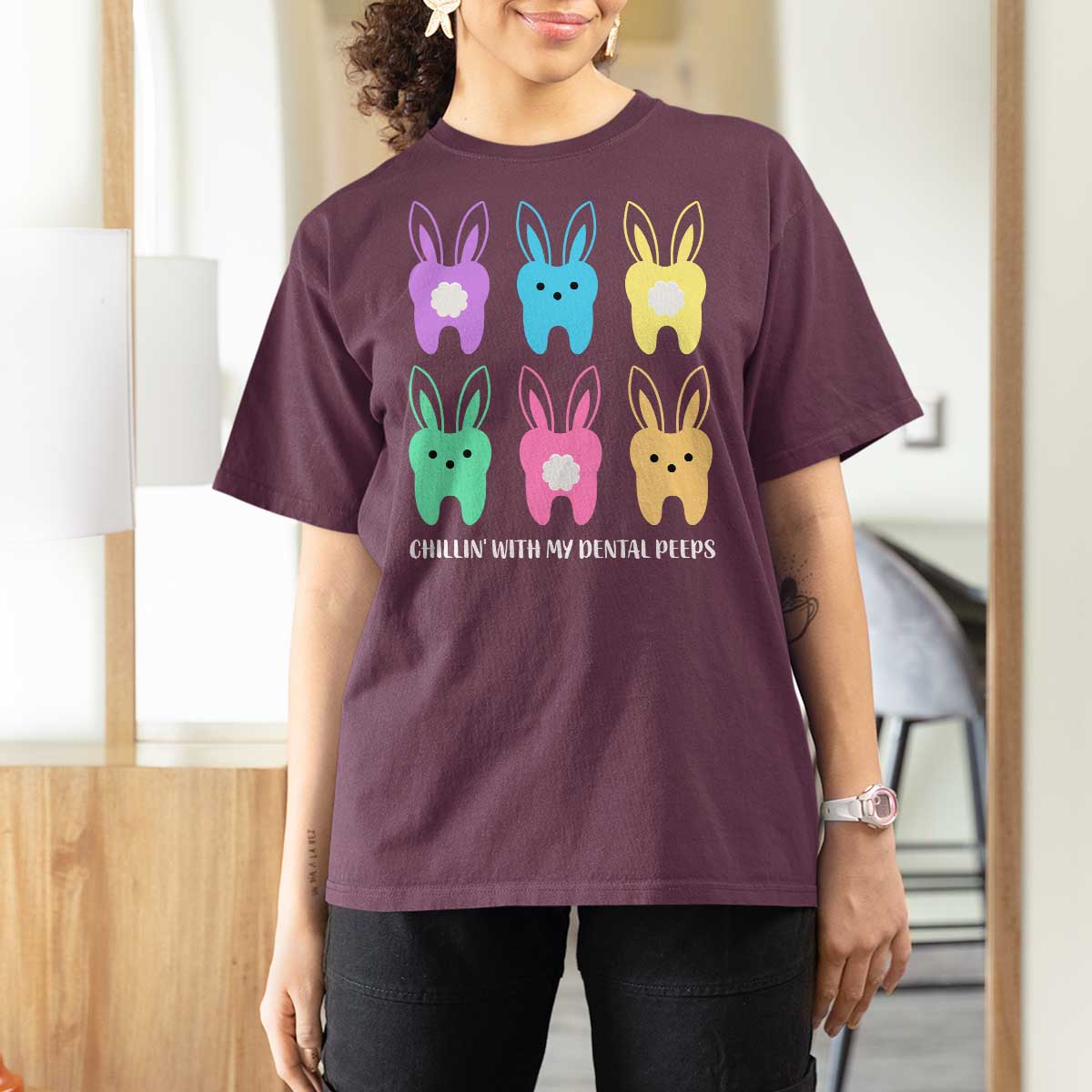 Easter Dentist T Shirt For Women Chilling With My Dental Peeps Bunny - Wonder Print Shop