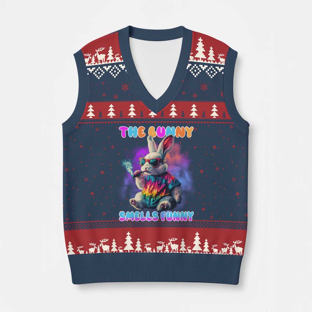 Happy 420 Easter V-Neck Knit Sweater Vest Funny Smoking Easter Bunny Smells Funny Easter - Wonder Print Shop