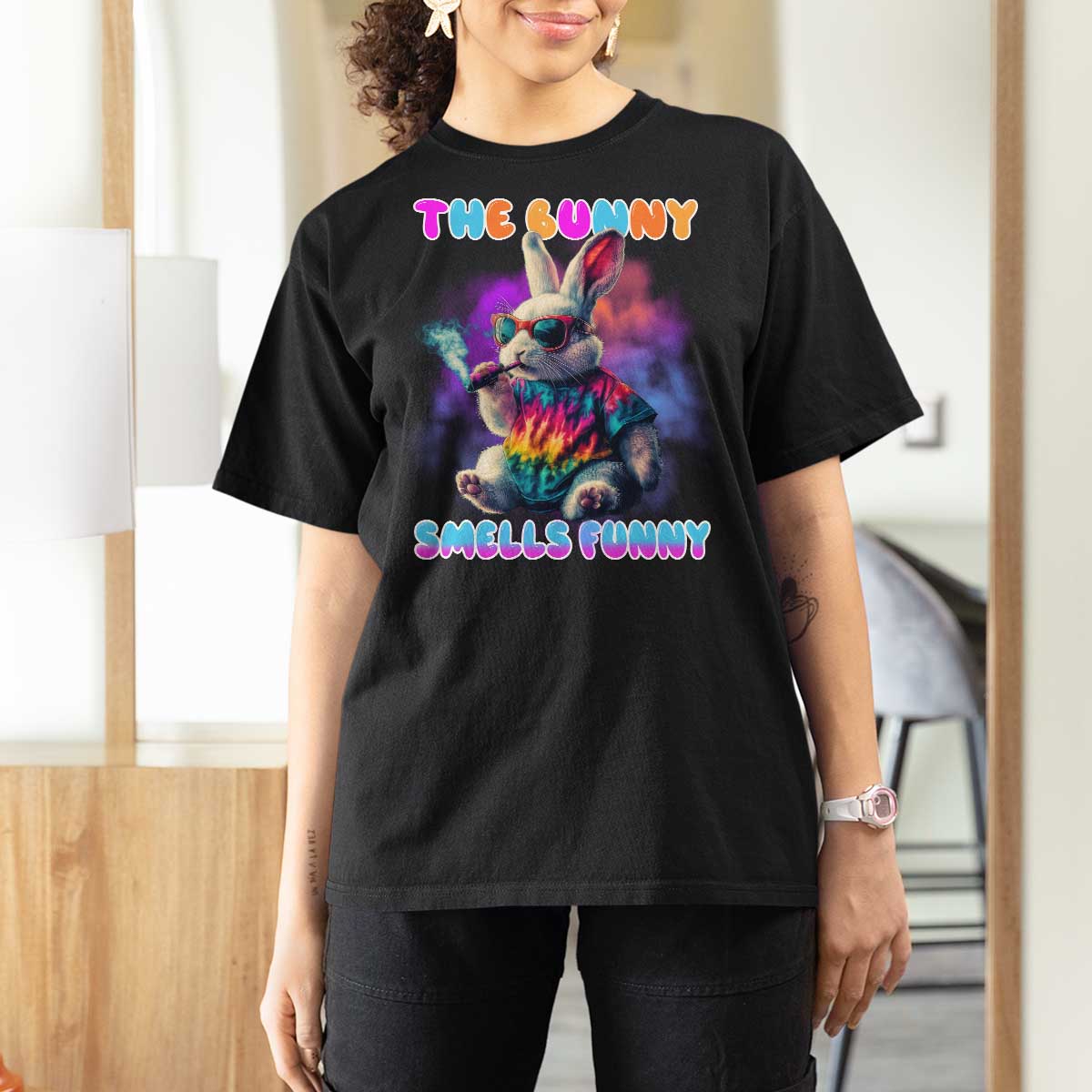 Happy 420 Easter T Shirt For Women Funny Smoking Easter Bunny Smells Funny Easter - Wonder Print Shop