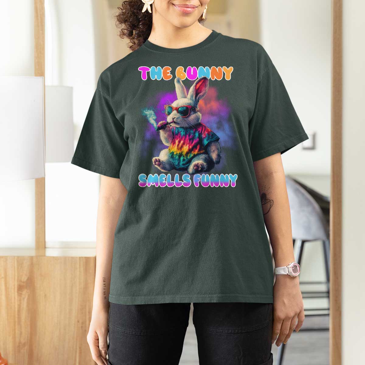 Happy 420 Easter T Shirt For Women Funny Smoking Easter Bunny Smells Funny Easter - Wonder Print Shop