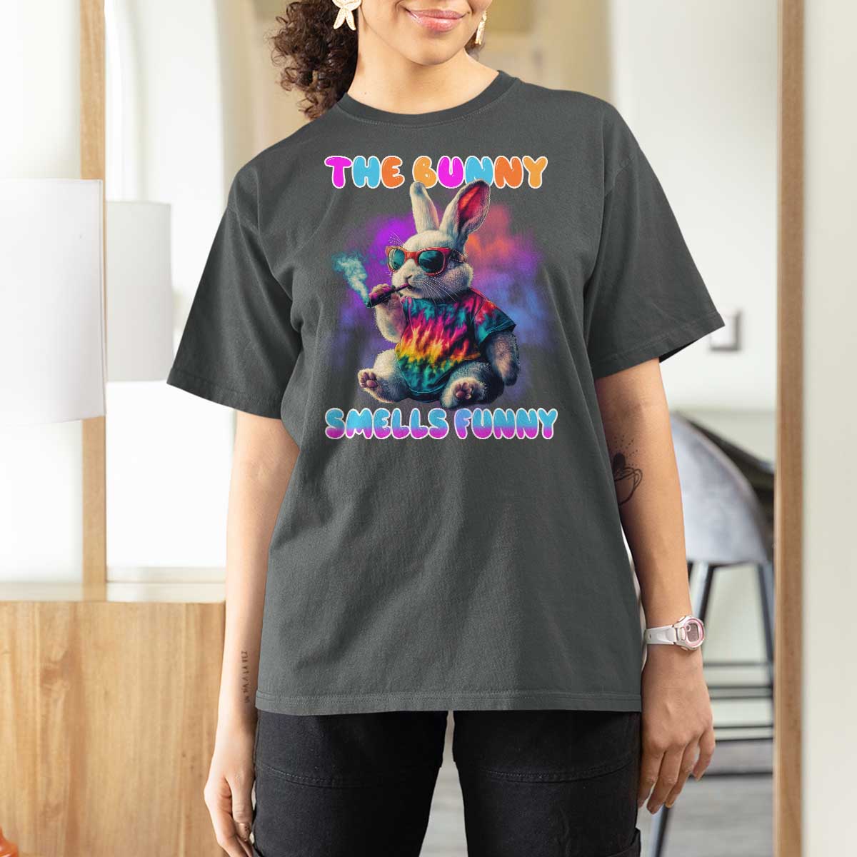 Happy 420 Easter T Shirt For Women Funny Smoking Easter Bunny Smells Funny Easter - Wonder Print Shop