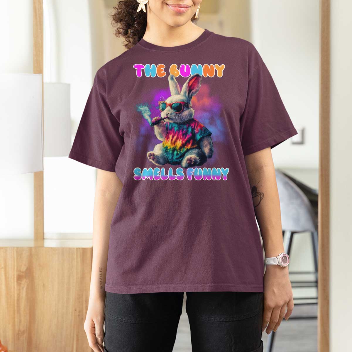Happy 420 Easter T Shirt For Women Funny Smoking Easter Bunny Smells Funny Easter - Wonder Print Shop