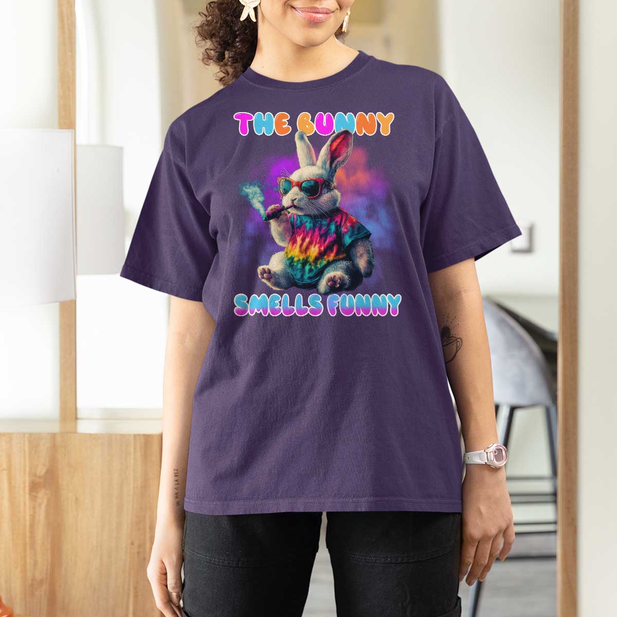 Happy 420 Easter T Shirt For Women Funny Smoking Easter Bunny Smells Funny Easter - Wonder Print Shop