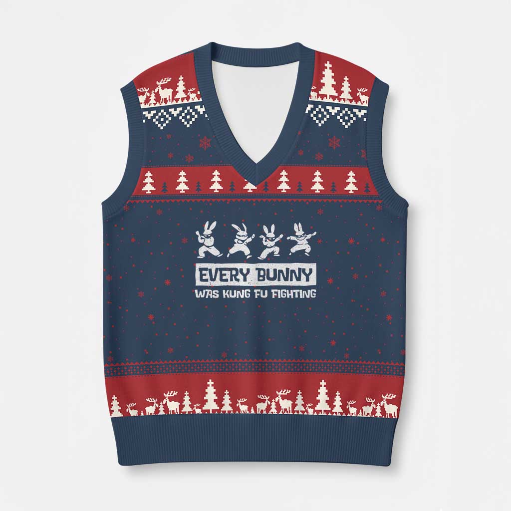 Bunny Kung Fu Fighting V-Neck Knit Sweater Vest Funny Easter Vintage Graphic