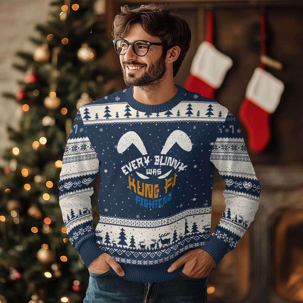 Every Bunny Was Kung Fu Fighting Ugly Christmas Sweater Funny Easter Vintage Rabbit Face